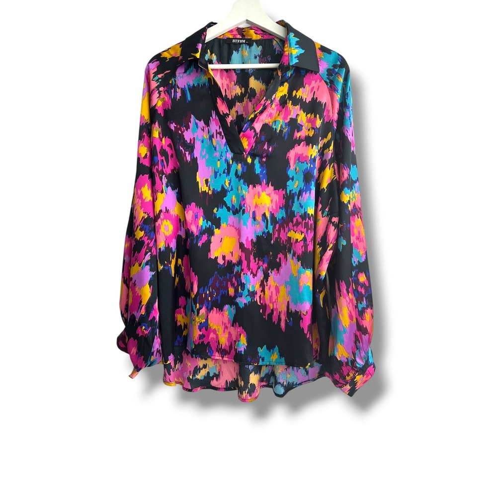 BTFBM Womens XL Abstract Paint Splatter Print V-Neck‎ Long Sleeve Blouse Multi